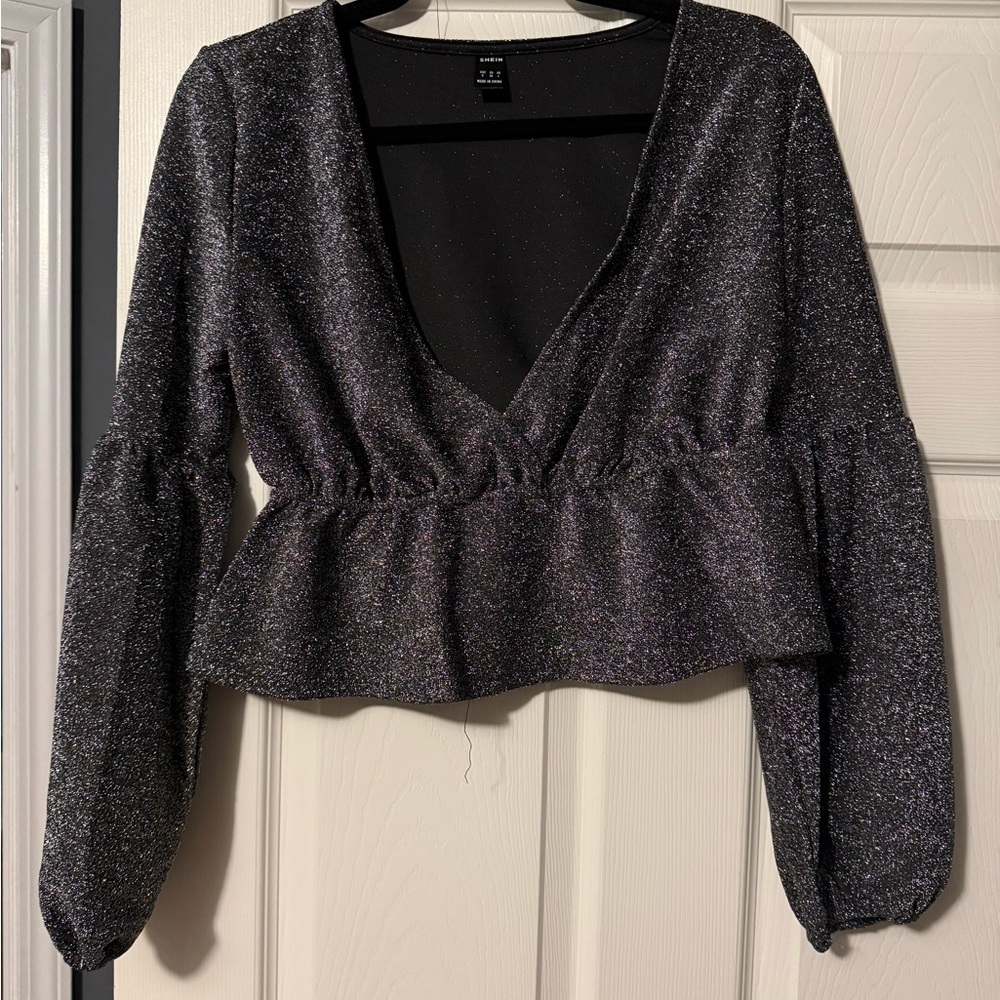 SHEIN Shimmery Black Peplum V-Neck Long Sleeve Top